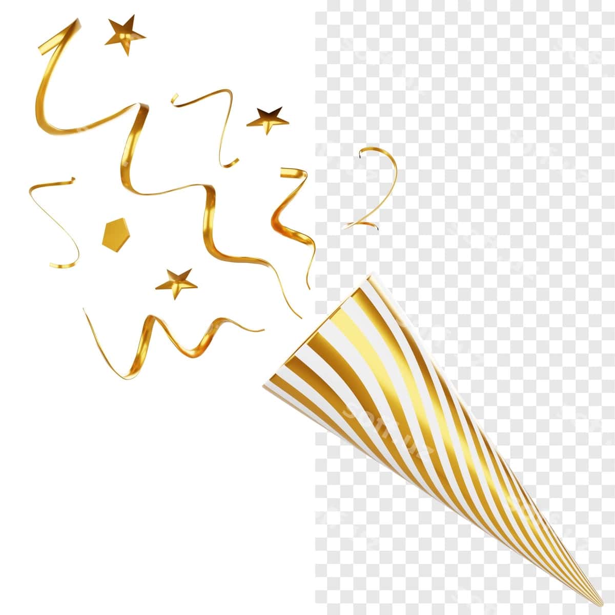 Oltin to'p popper 3D illustratsiyasi | Gold party popper 3d illustration 1