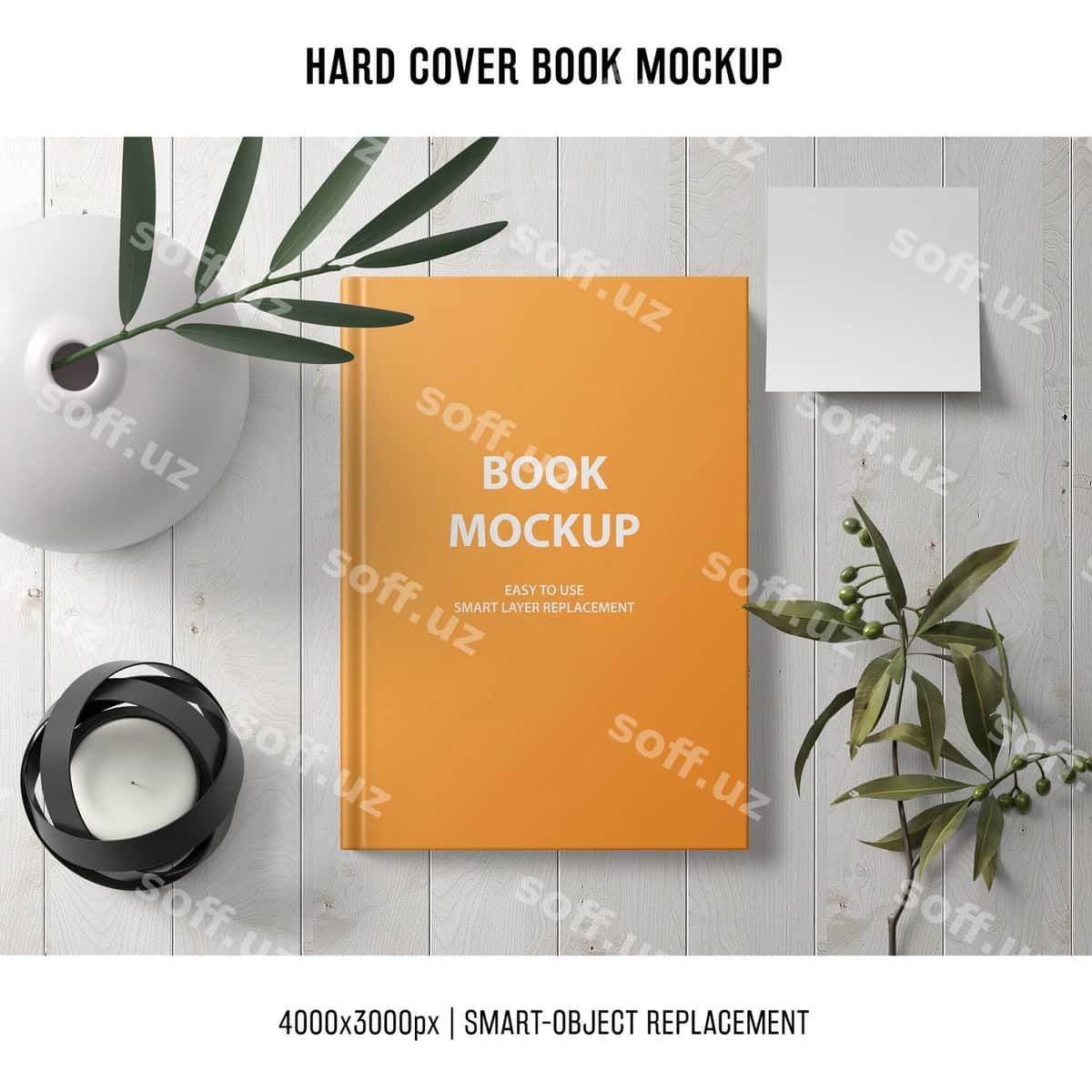 Qattiq jildli kitob namunasi o'simliklar bilan | Hard cover book mockup with plants 1