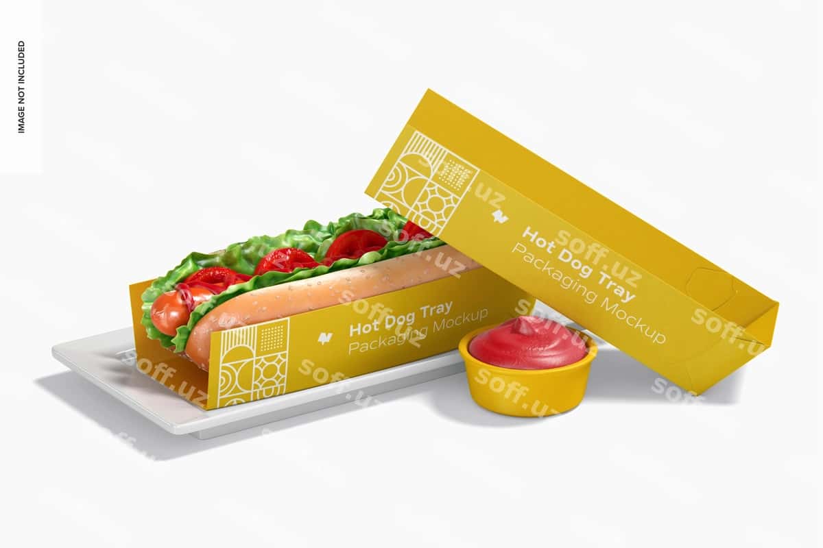 Hot-dog laganda qadoqlash maketi oldingi ko'rinishi | Hot dog tray packaging mockup front view 1