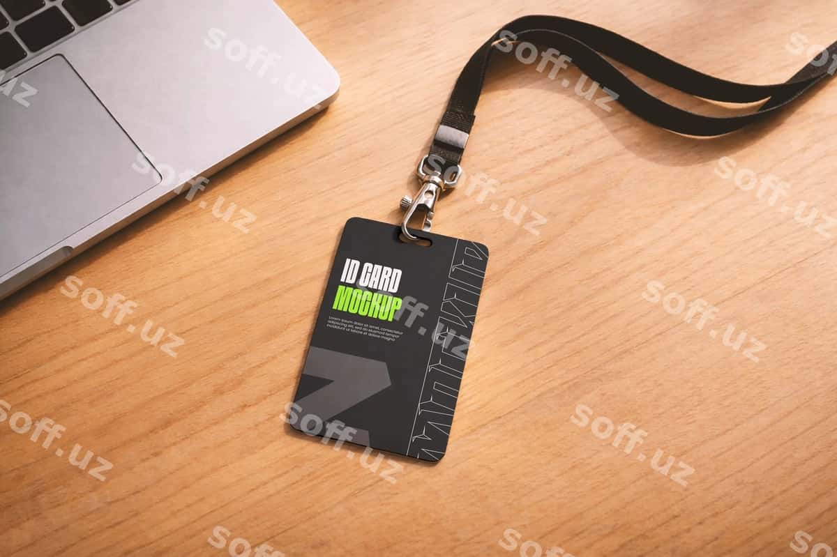 ID karta namunasi yog'och stol noutbuk bilan | Id card mockup wooden desk with laptop 1