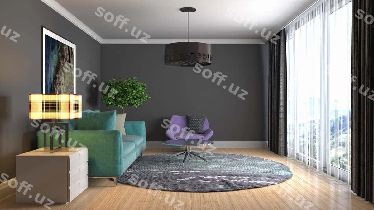Yashil uyi ichki illustratsiyasi | Illustration living room interior 1