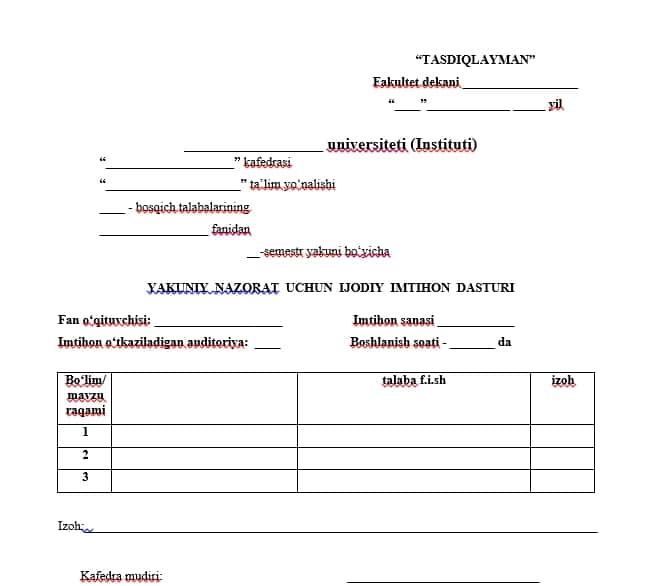 Ijodiy imtihon dasturi. shablon 1