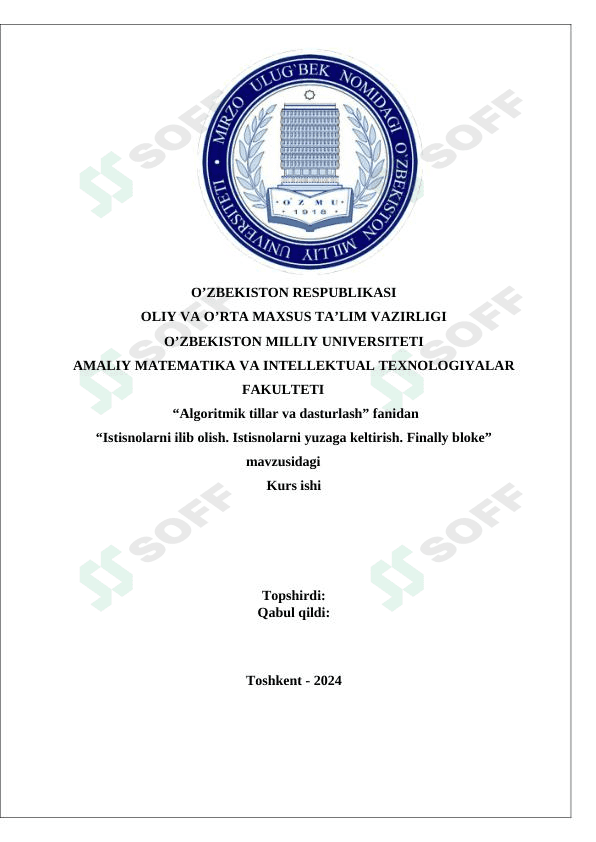 Istisnolarni ilib olish . Finally bloke 1
