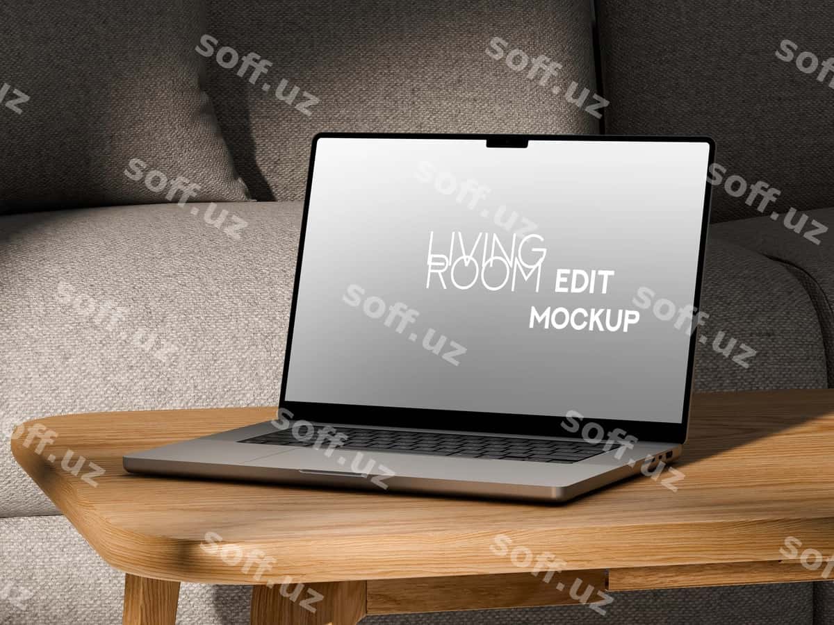 Noutbuk maketi yashash xonasining yog'och stoli | Laptop mockup living room wooden table 1
