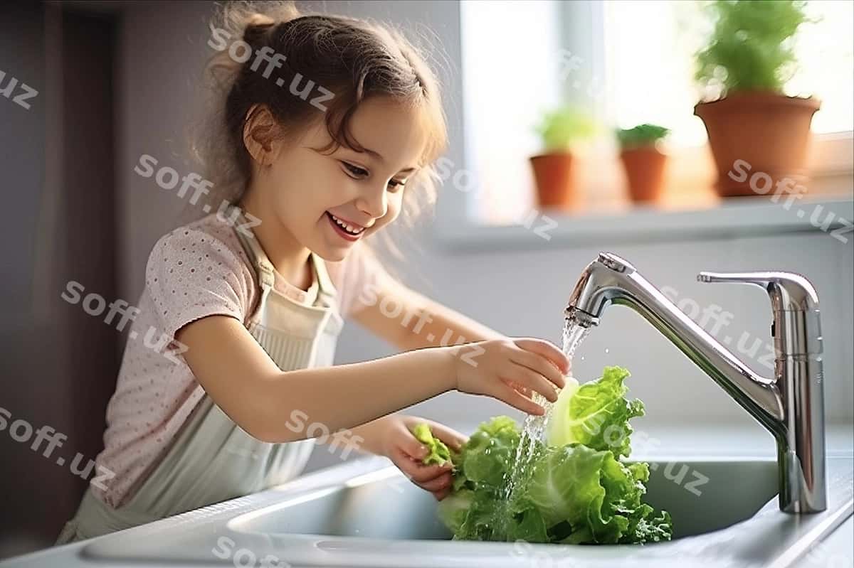 Kichik qiz sabziylarni chongda yuvadi. | Little girl washing vegetables sink 1