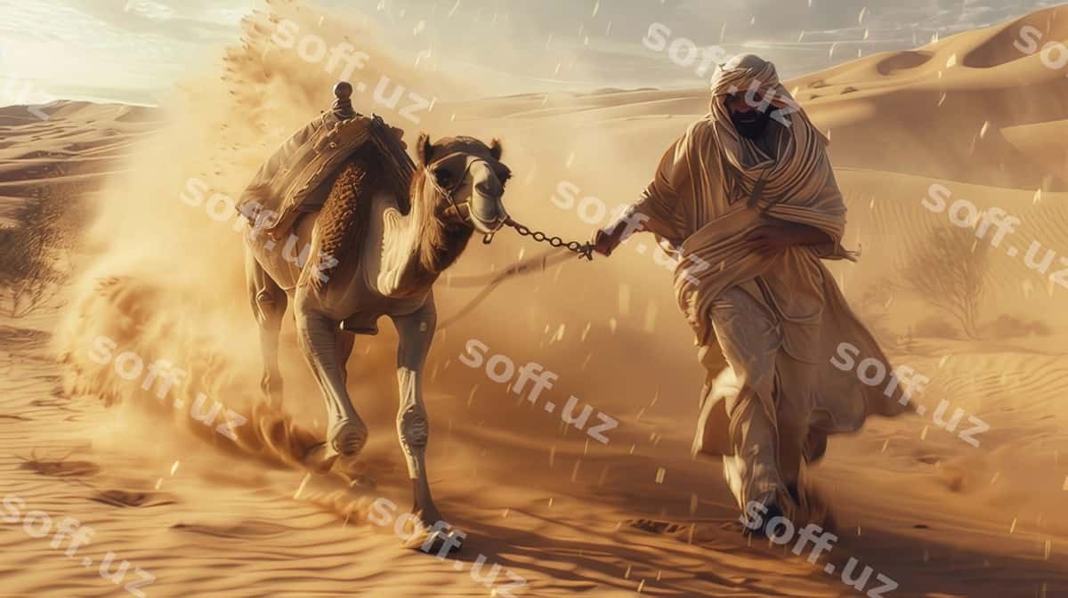 Erkak girmo olib bormoqda, hamda boshqa erkak bilan. | Man leading camel with man it 1