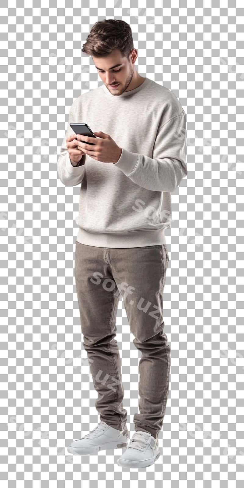 Men oq sovg'a kiyaman va mobil telefon ishlataman. | Man white sweater using mobile phone 1