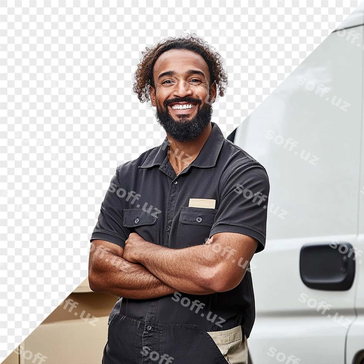 Qo'llarini chalishtirgan oq mikroavtobusli odam | Man with his arms crossed front white van 1