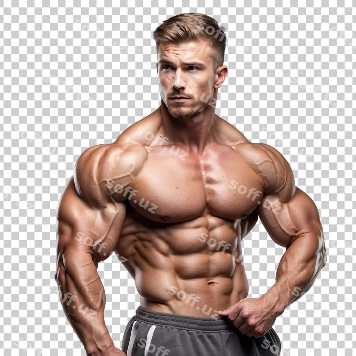 "Mushaklar oldida" yozuvi bor futbolka kiygan erkak | Man with shirt that says muscular front 1