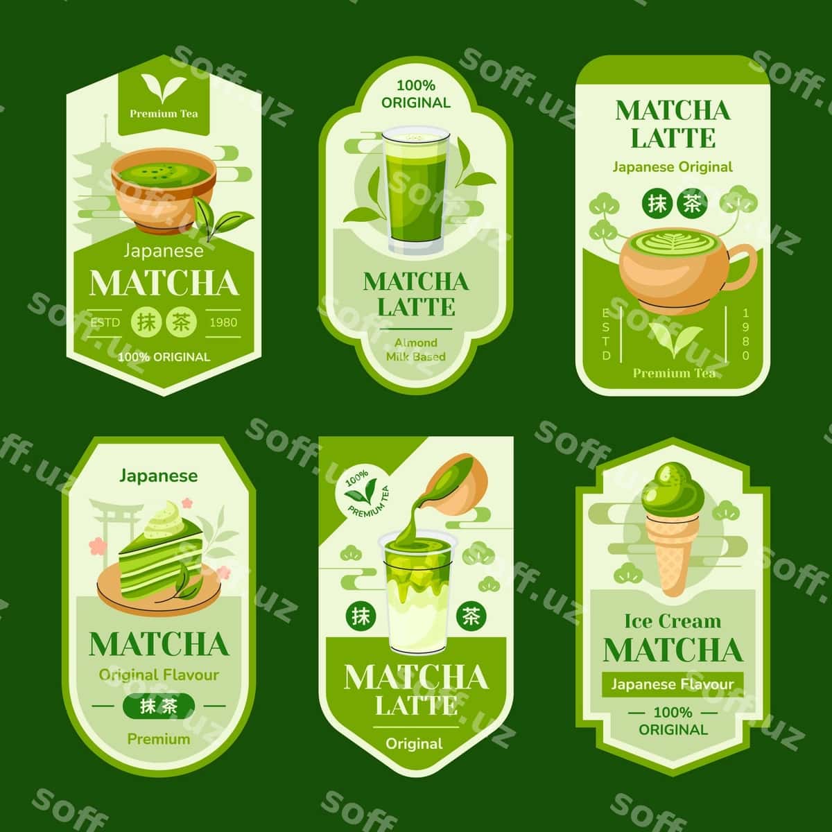 Matcha choyi yorliqlari tekis dizaynda | Matcha tea labels flat design 1