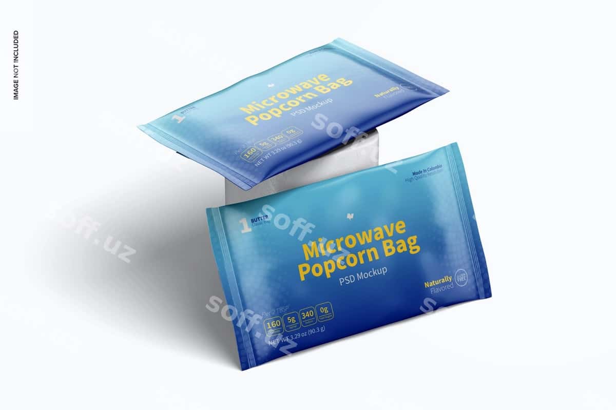 Mikroto'lqinli pechda tayyorlangan popkorn paketlarining maketi | Microwave popcorn bags mockup leaned 1