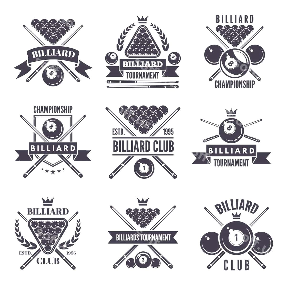 Monokrom etiketlar logotiplari billiard klubi | Monochrome labels logos billiard club 1