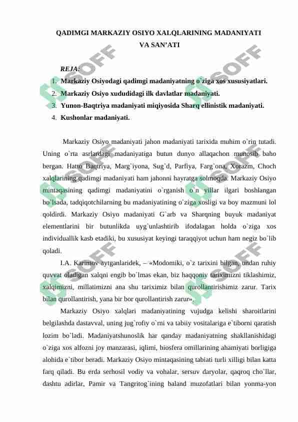 QADIMGI MARKAZIY OSIYO XALQLARINING MADANIYATI  VA SAN’ATI