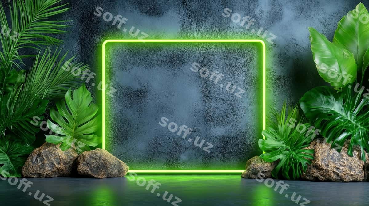 Neon ramka quvqatli yashil tropik joylashuv | Neon frame vibrant green tropical setting 1