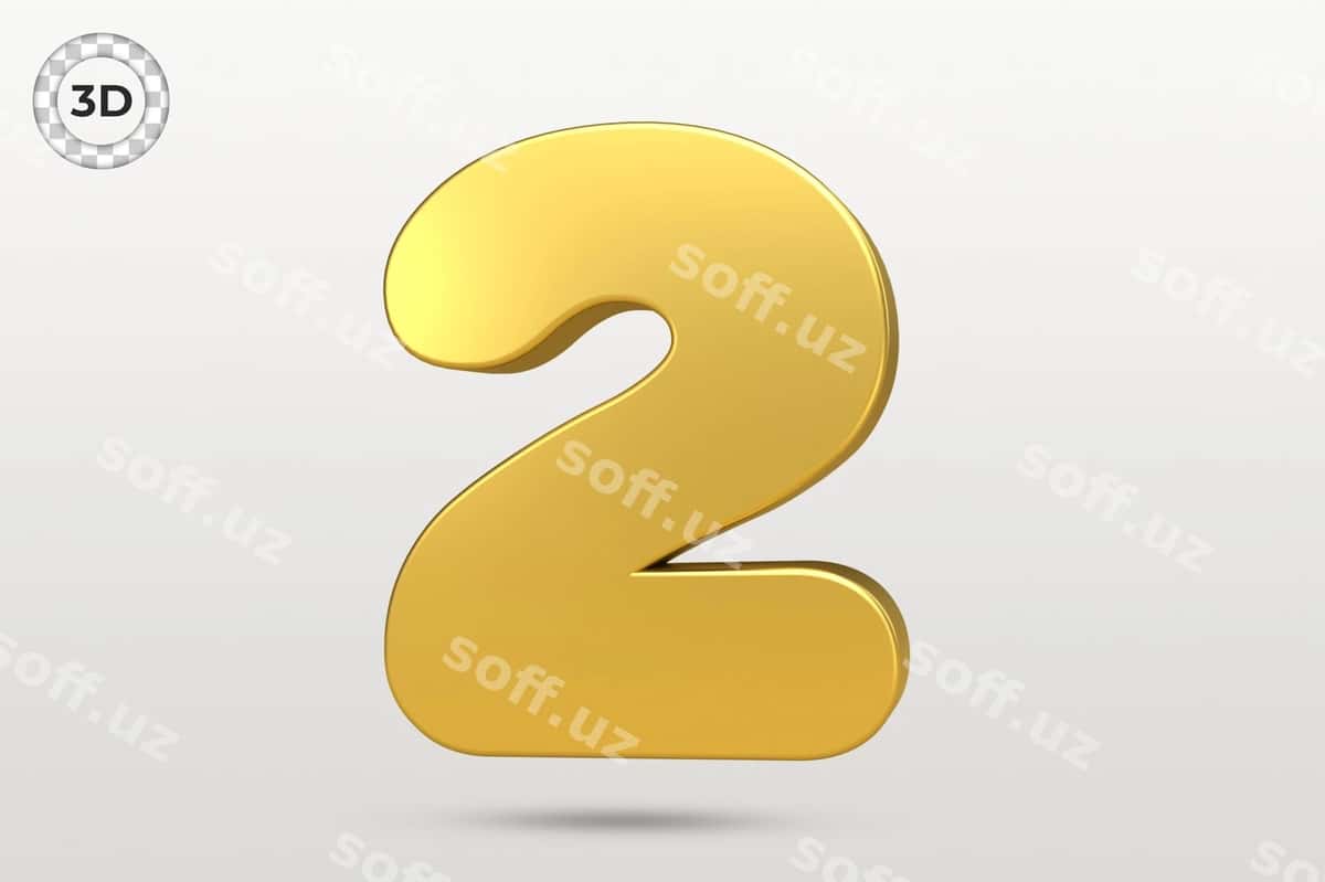 Raqam 2 3D render oltin metalik bilan | Number 2 3d render with golden metallic 1