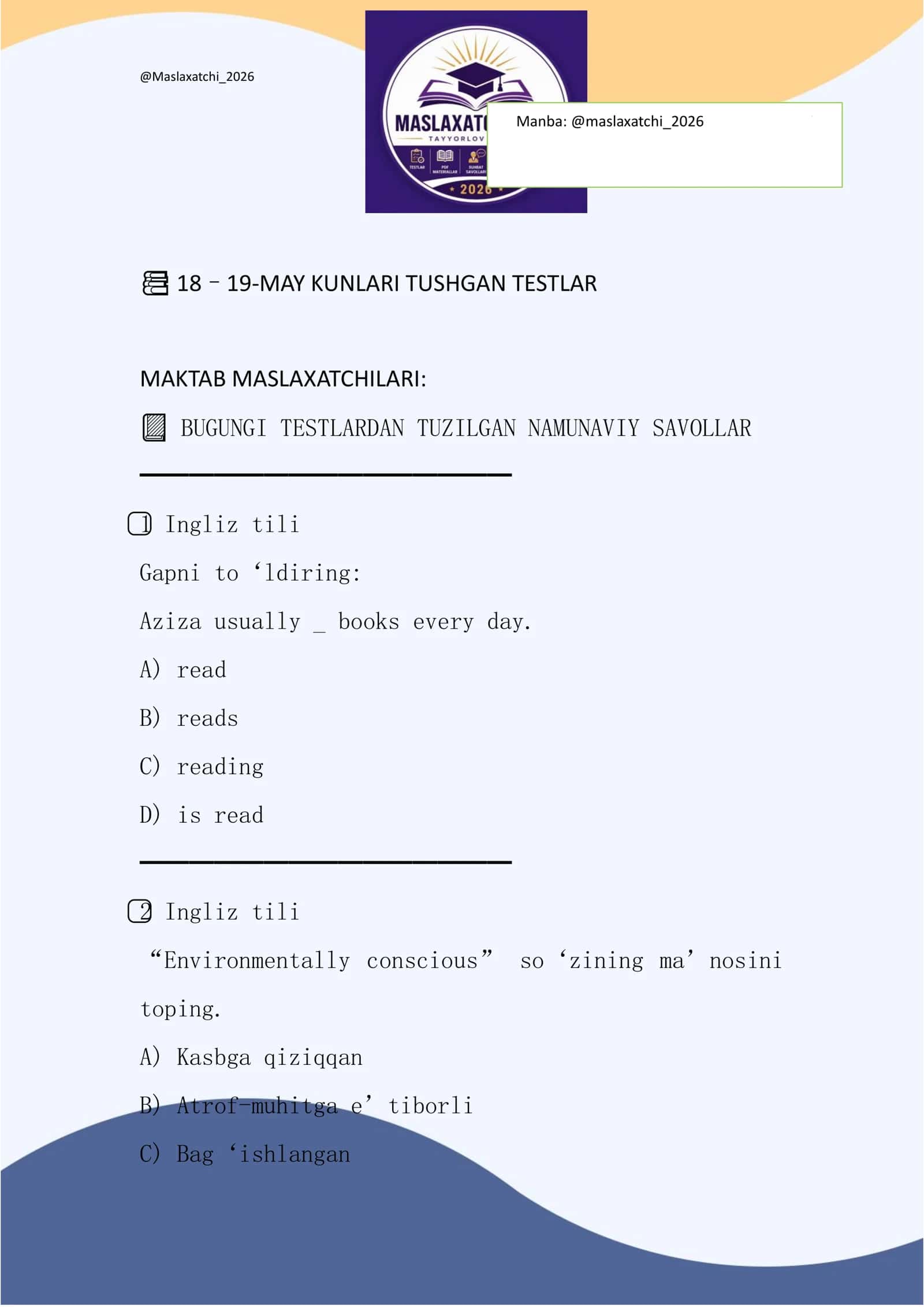 TUSHGAN TESTLAR Maktab maslahatchisi 2026 yil 1