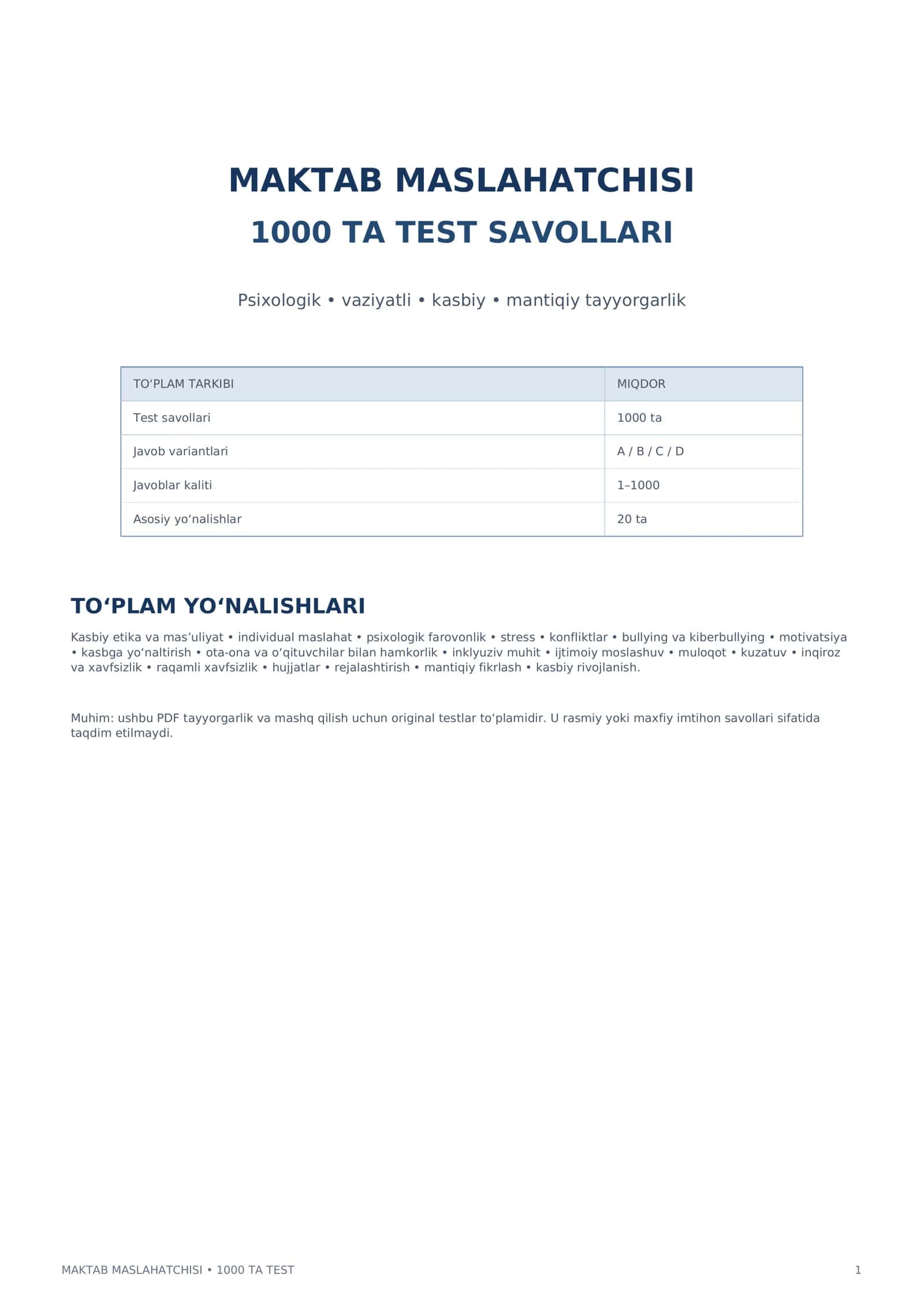 Maktab Maslahatchisi 1000+ Test | Psixologik va Vaziyatli Savollar | Javoblar Kaliti | PDF 1