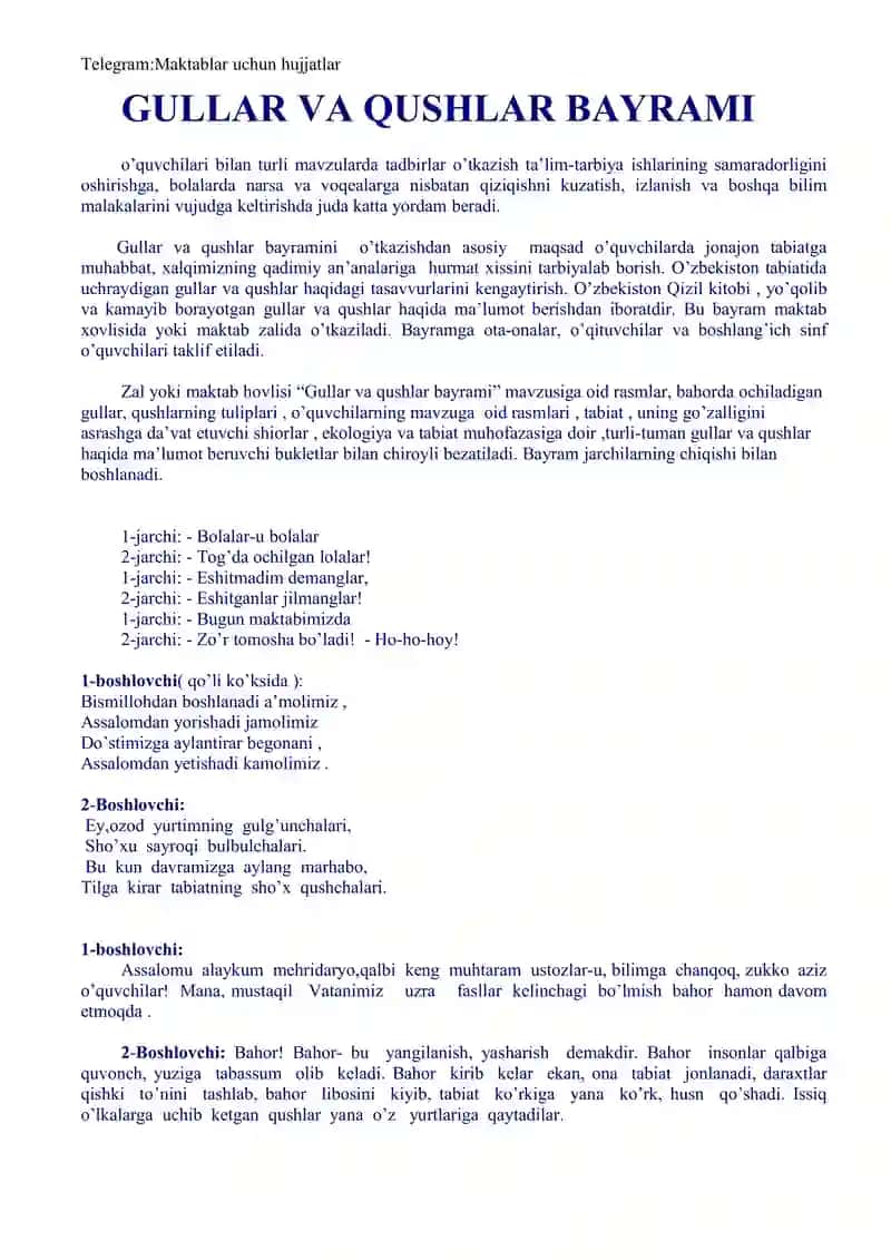 GULLAR VA QUSHLAR BAYRAMI