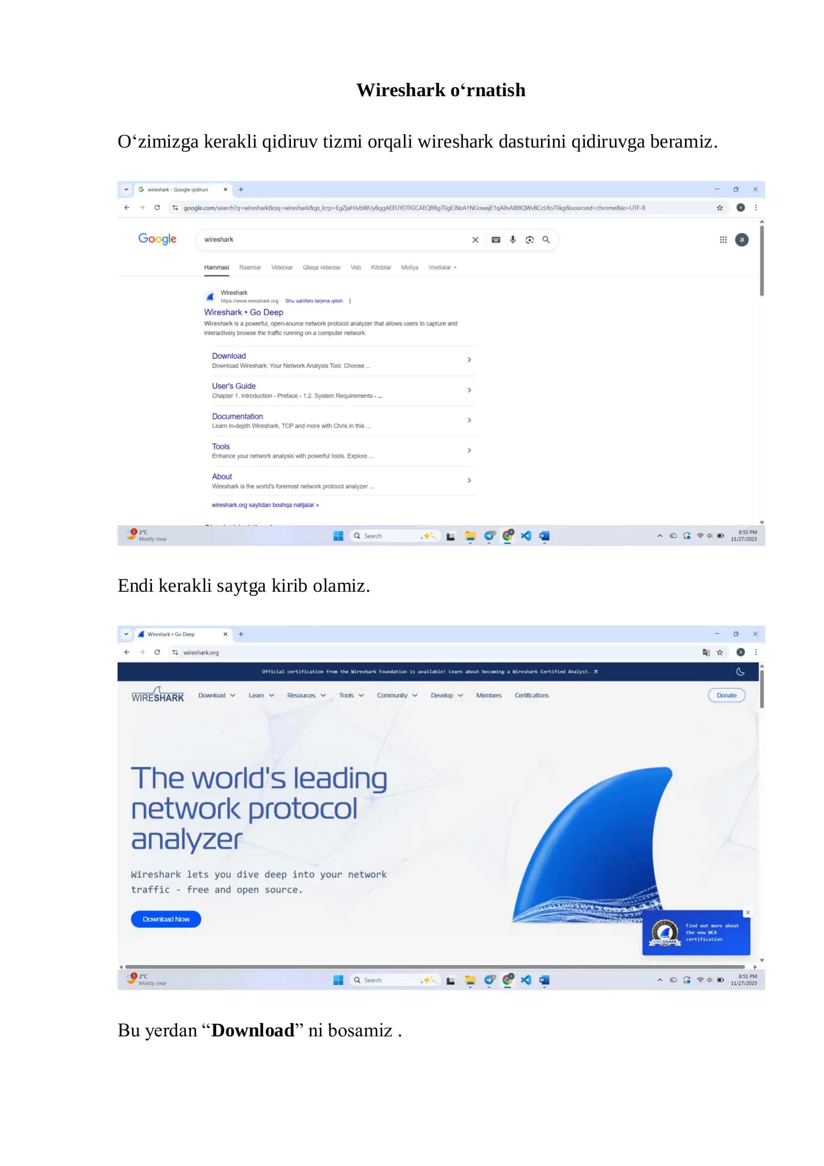Wireshark o‘rnatish 1