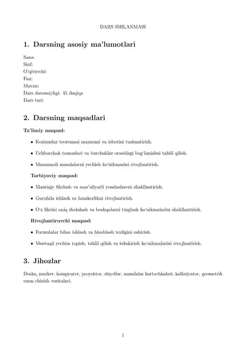 Kosinuslar teoremasi ( Dars ishlanmasi )