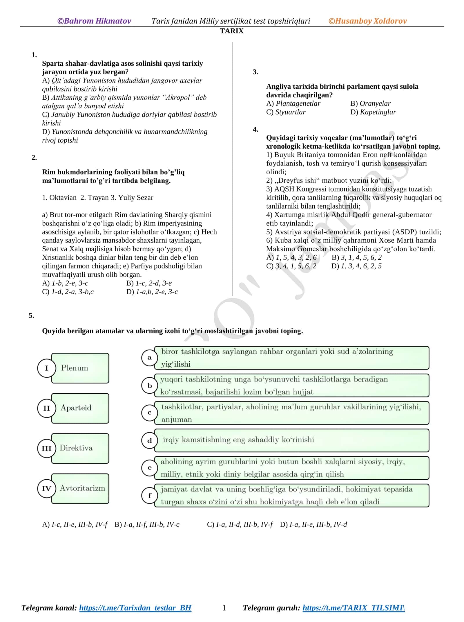Tarix fanidan Milliy sertifikat test topshiriqlari 1
