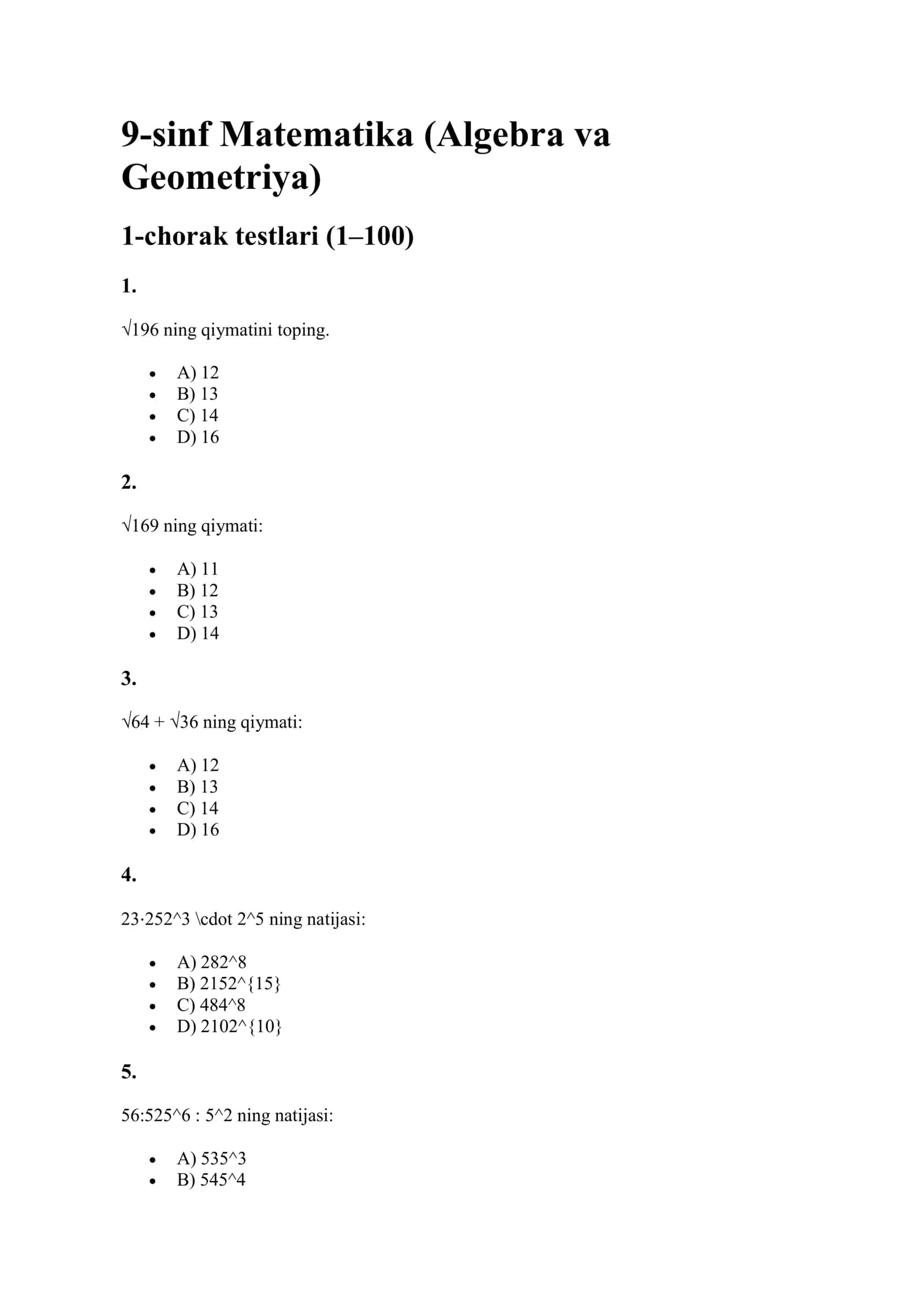 [9-sinf Matematika (Algebra va Geometriya) 1-chorak testlari (1–100)] 1