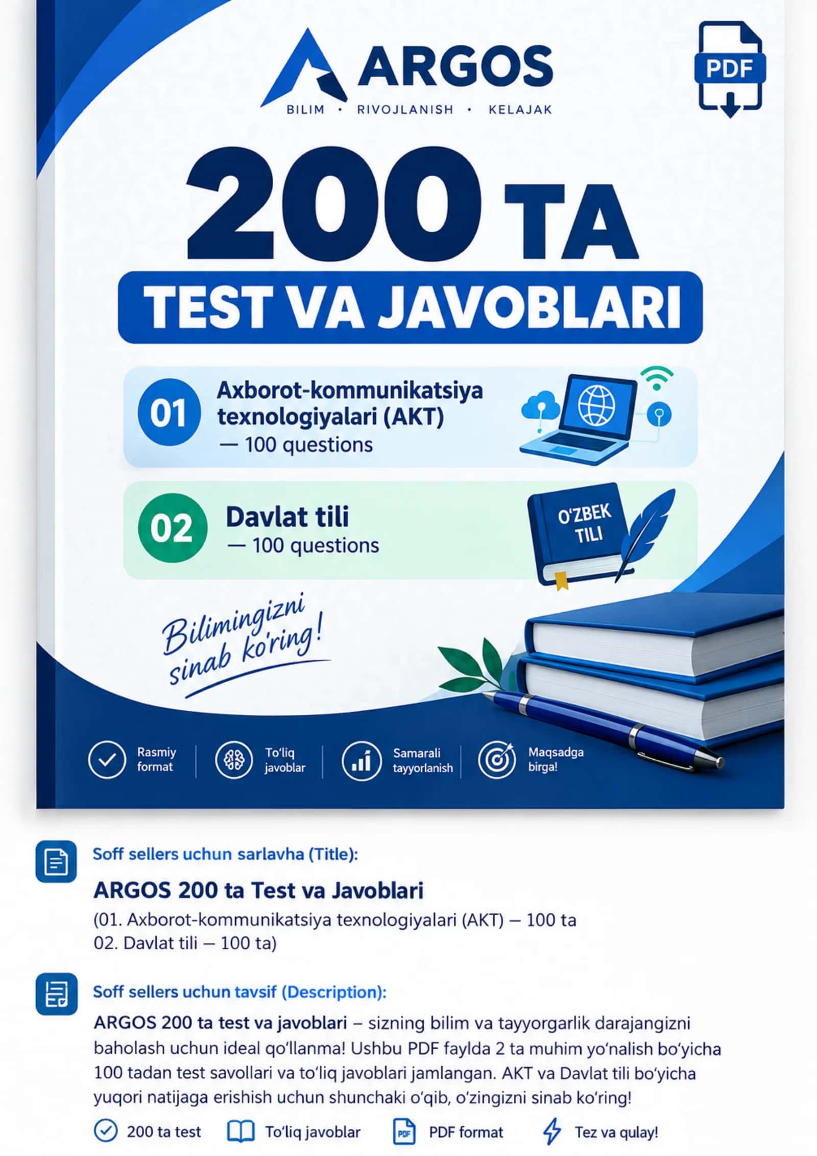 ARGOS 200 ta test va javoblari | AKT va Davlat tili 1