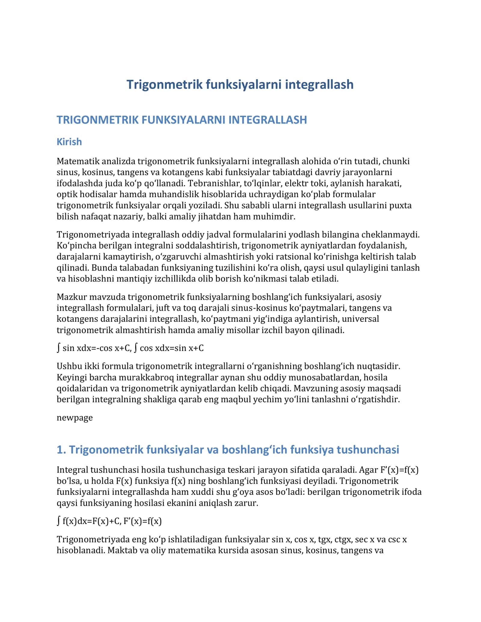 TRIGONOMETRIK FUNKSIYALARNI INTEGRALLASH 1