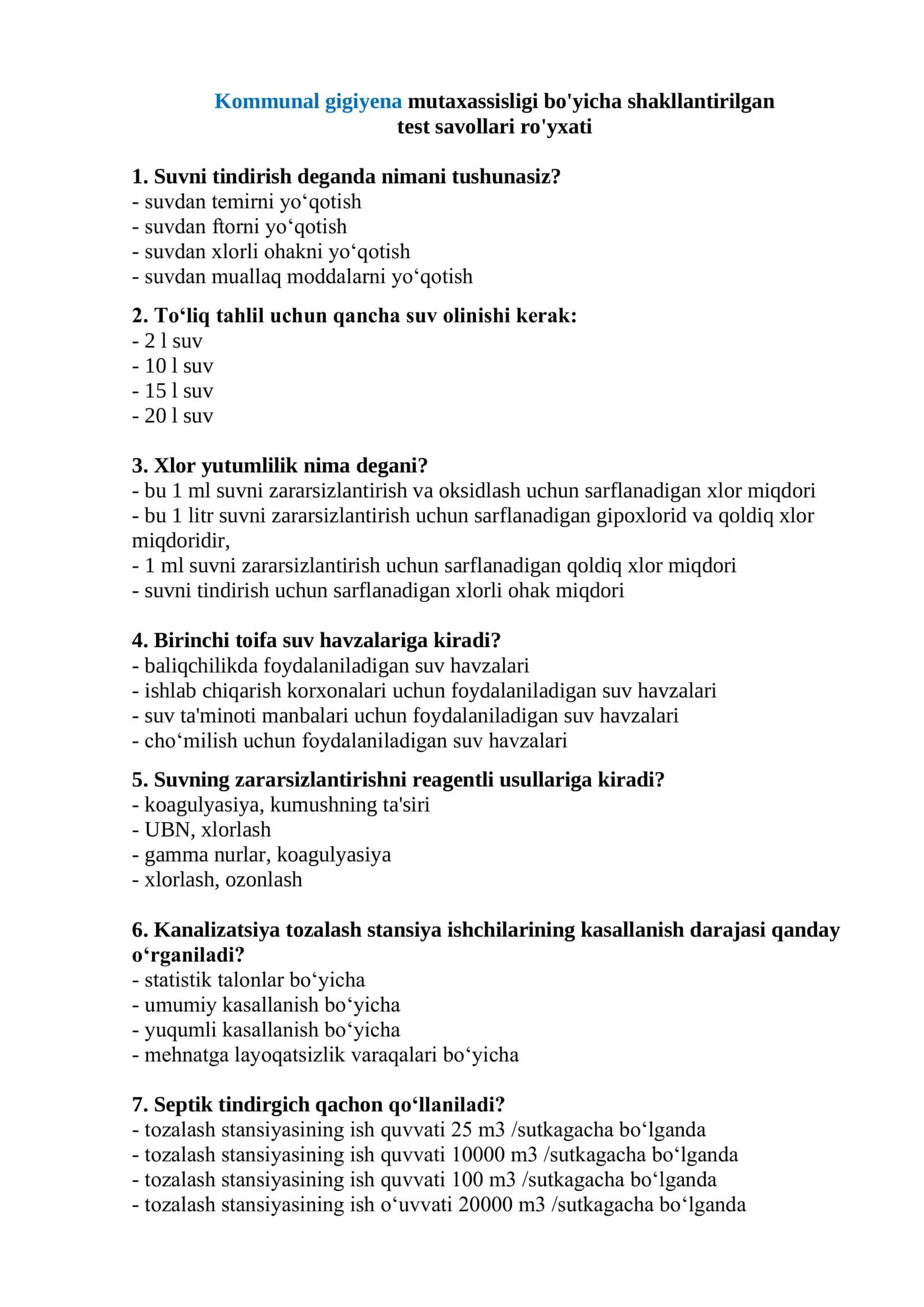 Kommunal gigiyena test savollari 2026 1