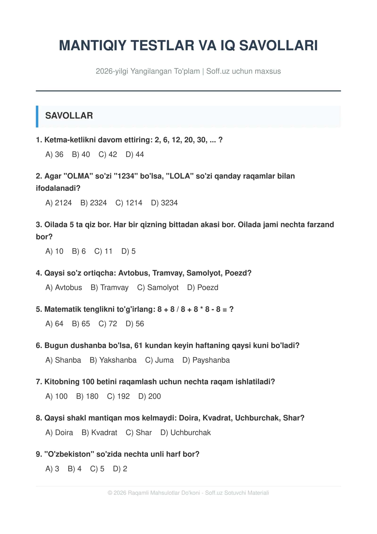 MANTIQIY TESTLAR VA IQ SAVOLLARI 1