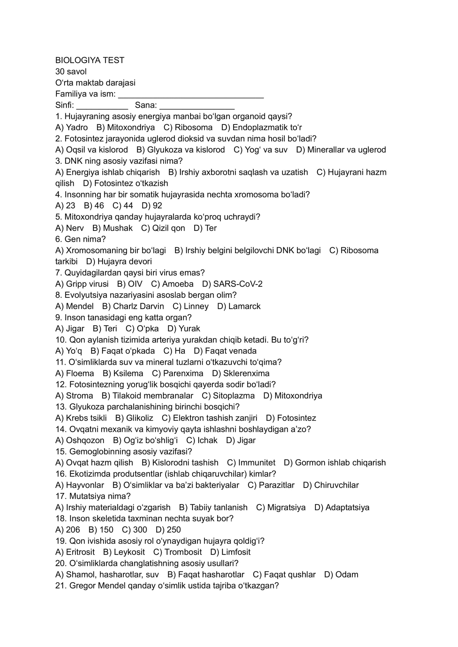 BIOLOGIYA TEST 1