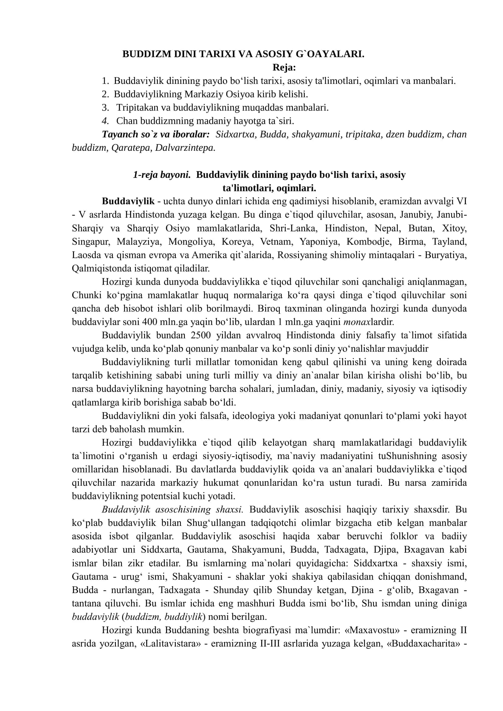 Buddizm Dini Tarixi va Asosiy G`oayalari 1