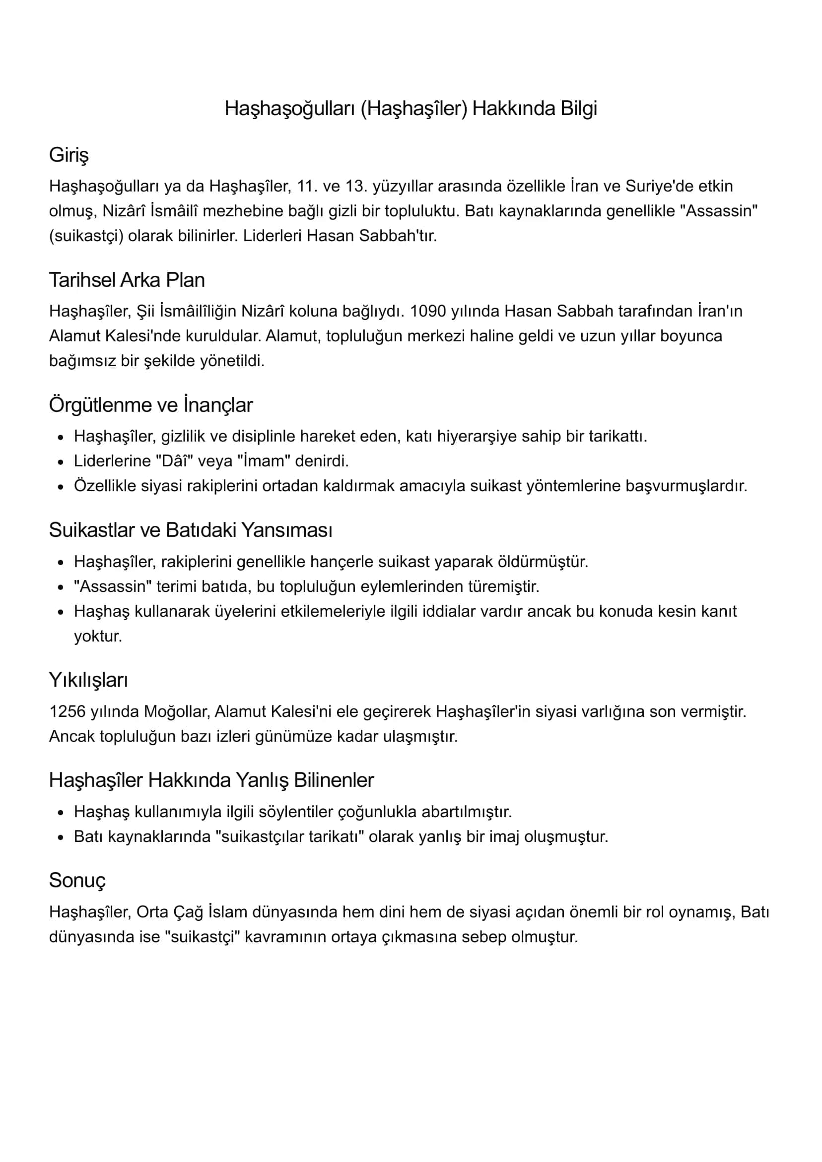 Haşhaşoğulları (Haşhaşîler) Hakkında Bilgi 1