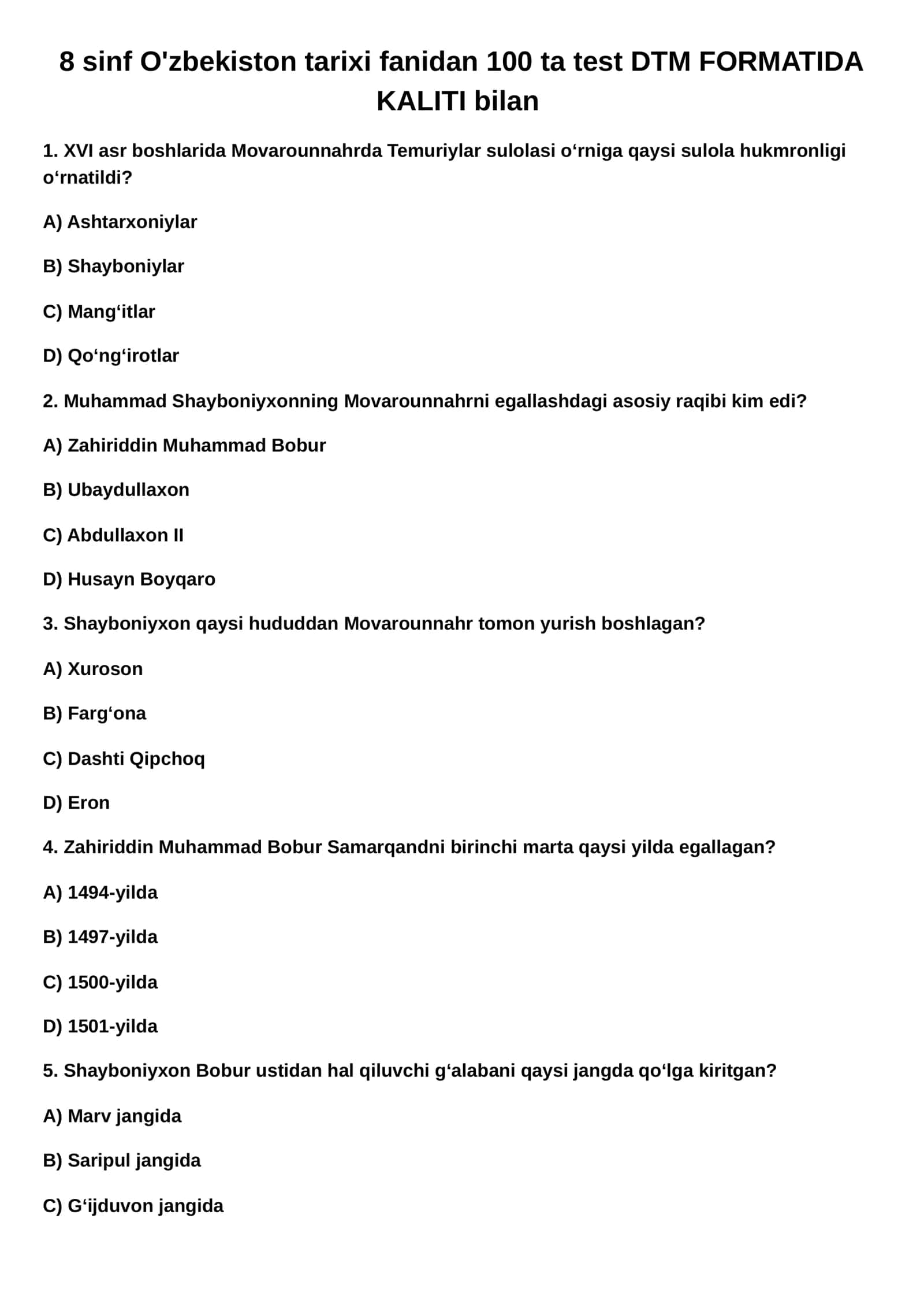 8 sinf O'zbekiston tarixi fanidan 100 ta test javoblari bilan 1