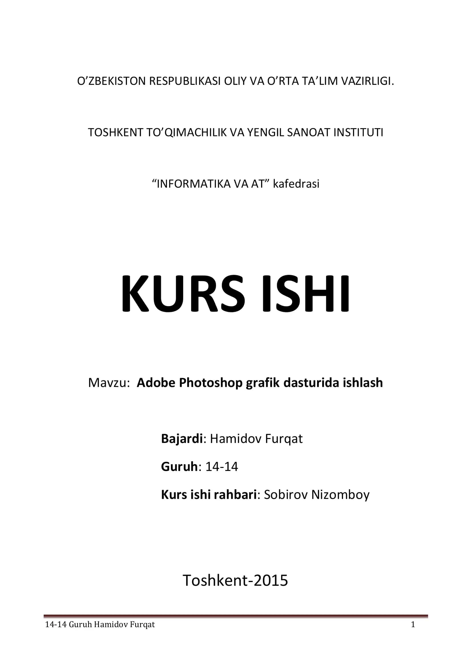 Adobe Photoshop grafik dasturida ishlash 1