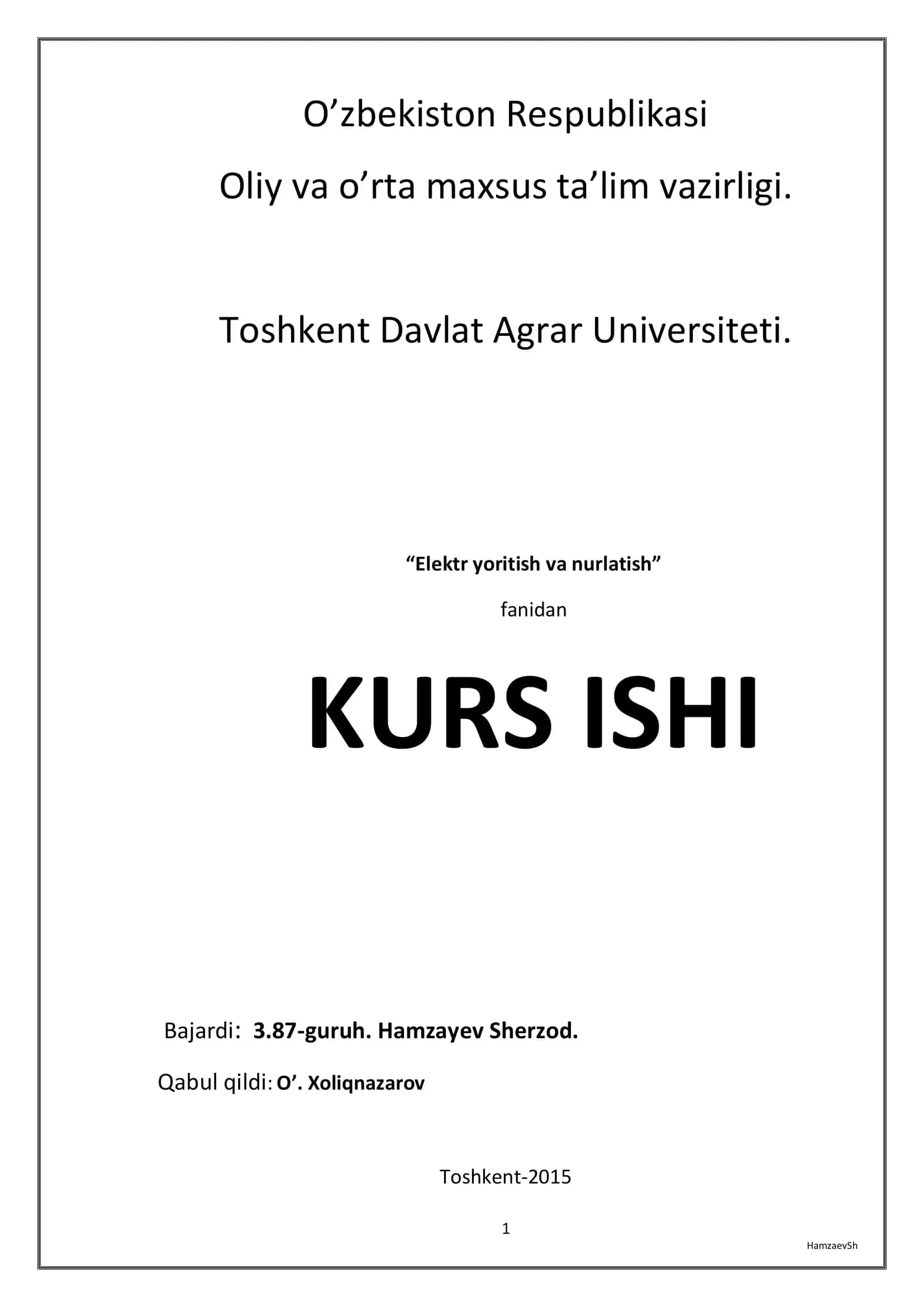 Elektr yoritish va nurlatish kurs ishi 1