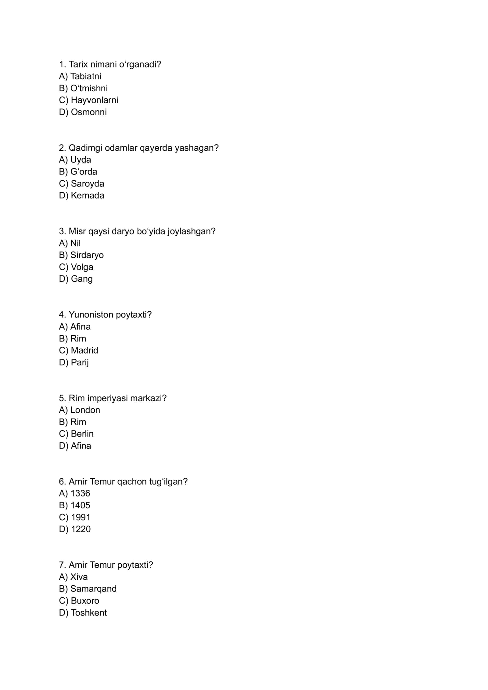 Tarix fanidan test savollari 1