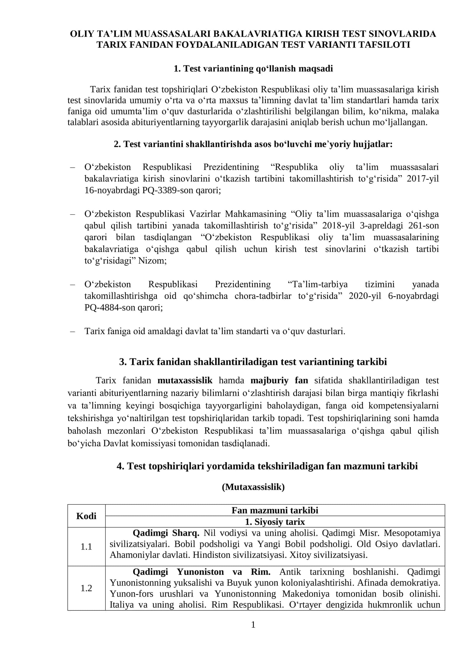 TARIX FANIDAN FOYDALANILADIGAN TEST VARIANTI TAFSILOTI 1