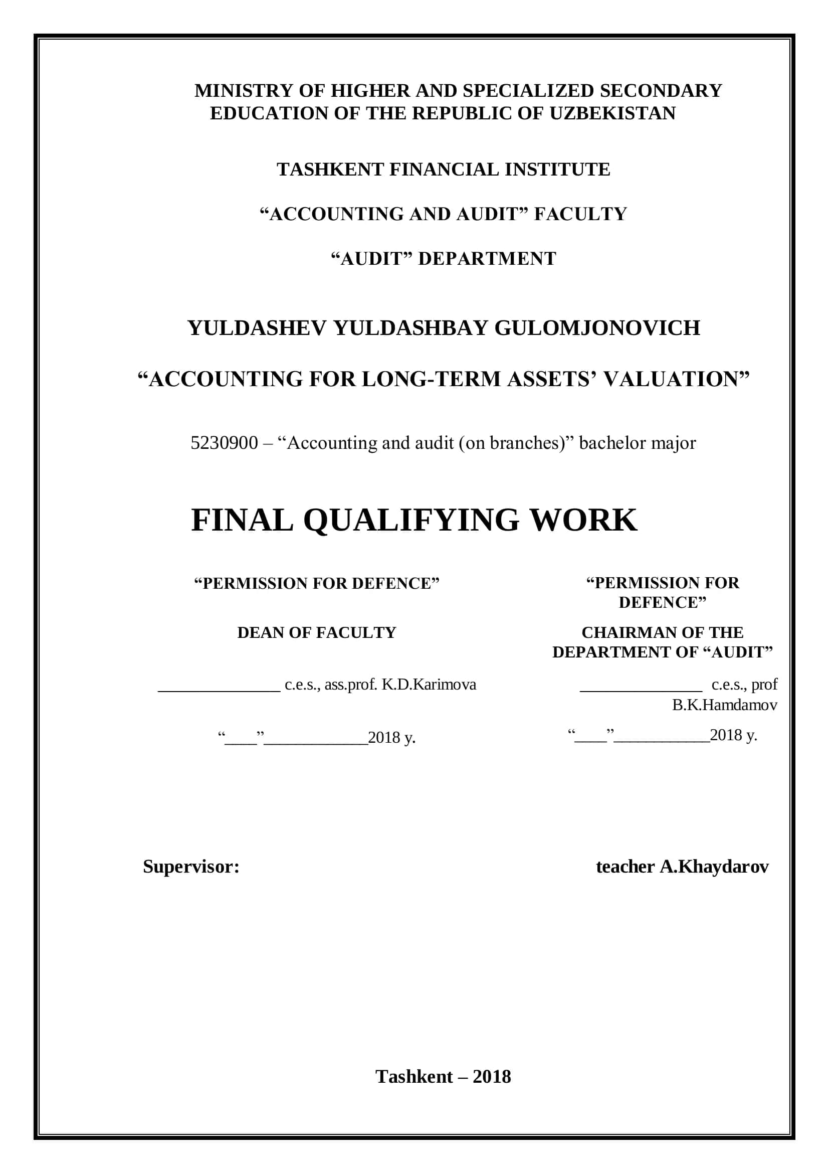 Final Qualifying Work: Accounting for Long-Term Assets’ Valuation 1