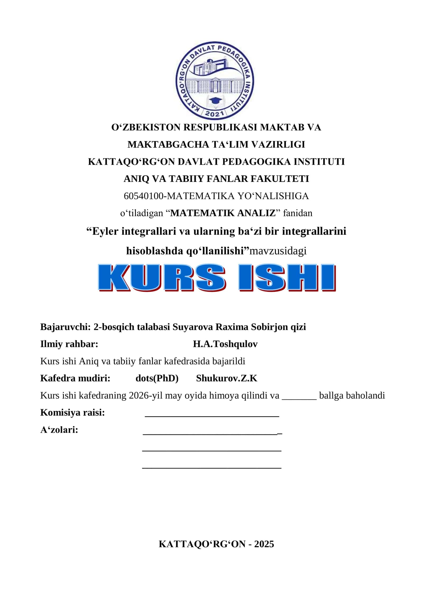 Eyler integrallari va ularning bir qo‘llanilishi 1
