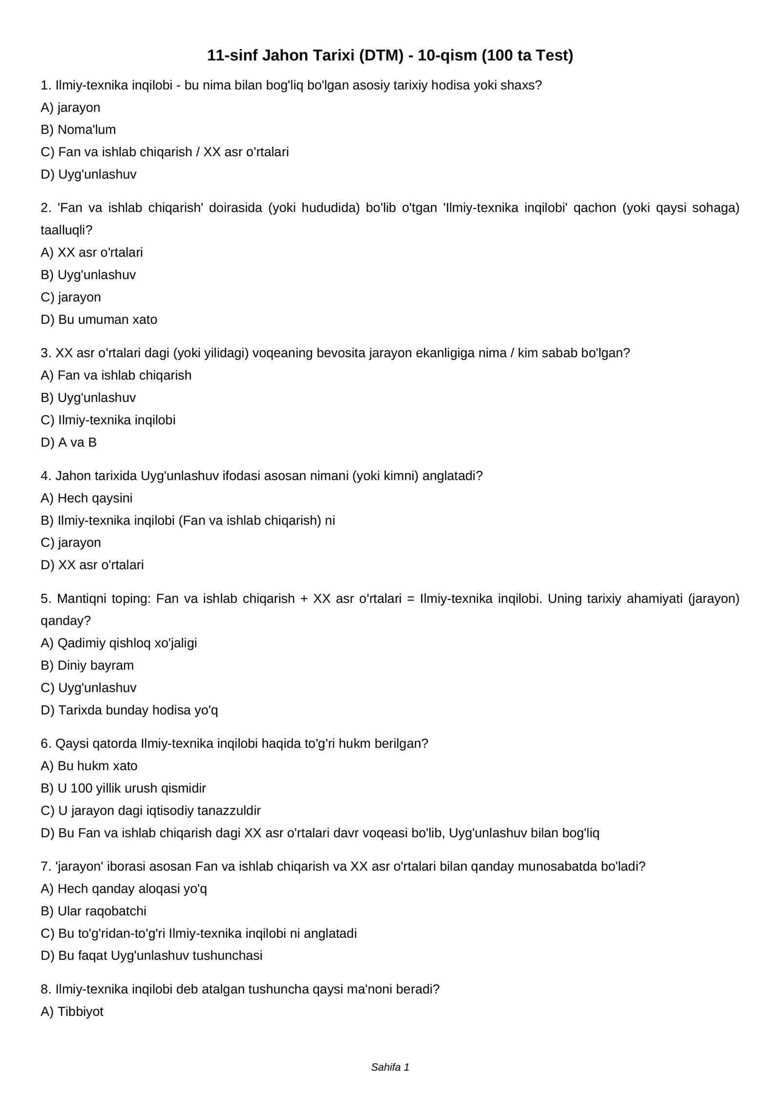 11-sinf Jahon Tarixi (DTM) - 10-qism (100 ta Test) 1