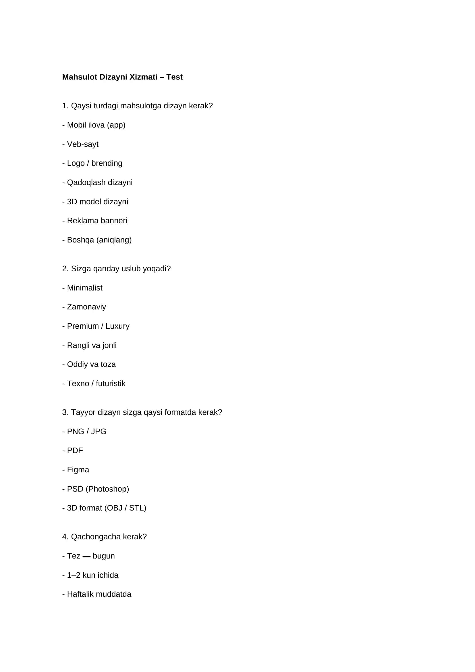 Mahsulot Dizayni Xizmati – Test 1