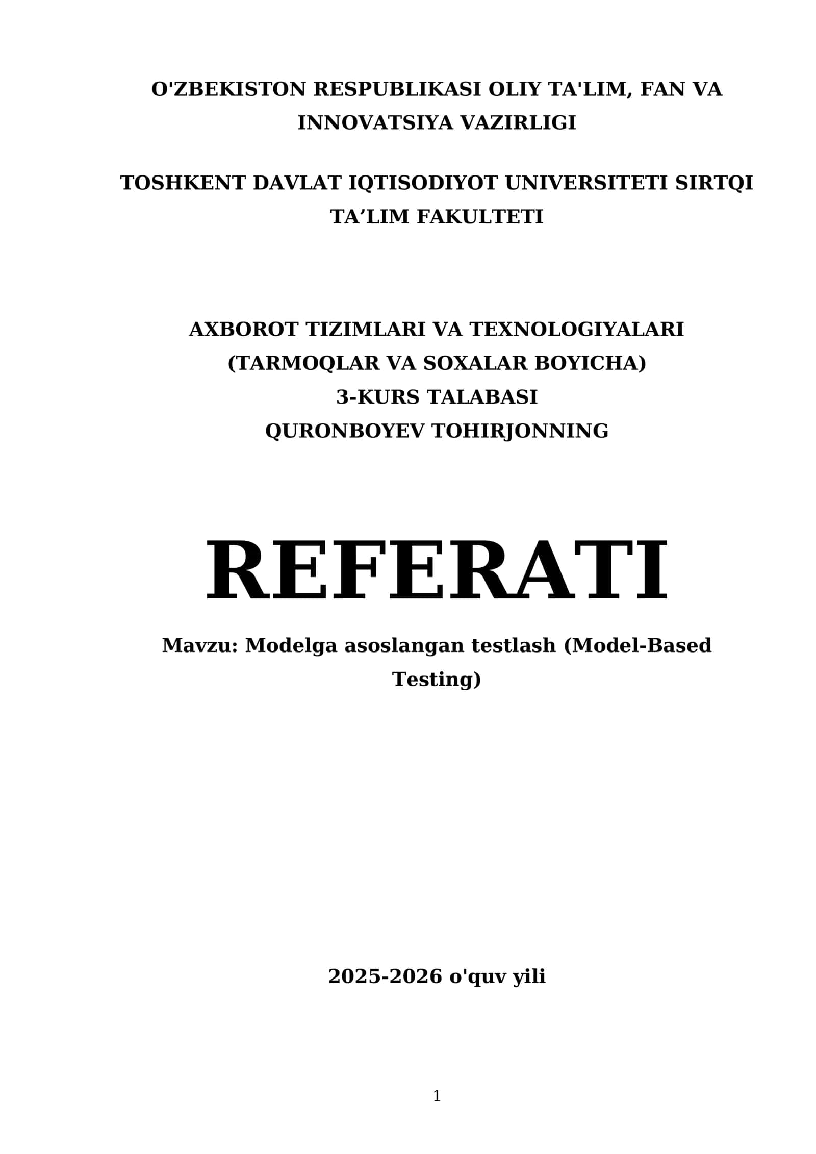 Modelga asoslangan testlash (Model-Based Testing) 1