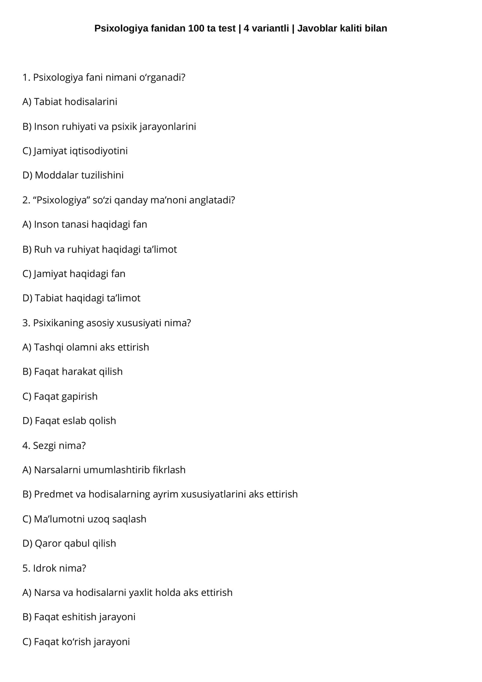Psixologiya fanidan 100 ta test 1