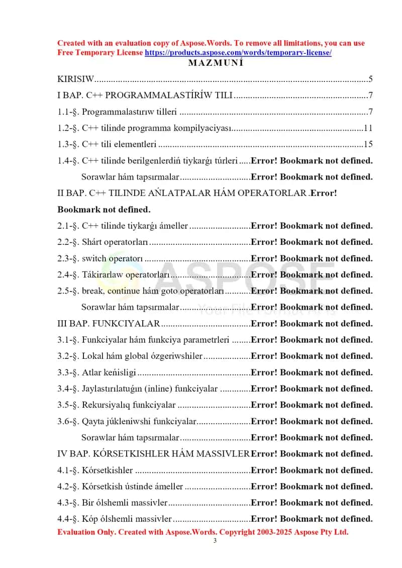 C++ programmalastırıw tili 1