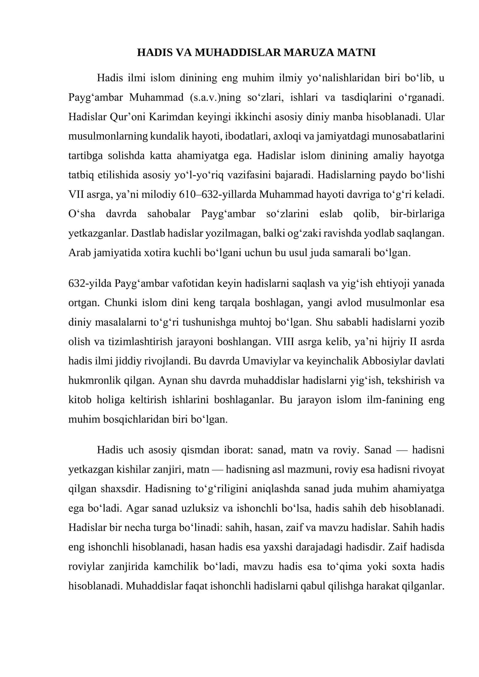 HADIS VA MUHADDISLAR MARUZA MATNI 1