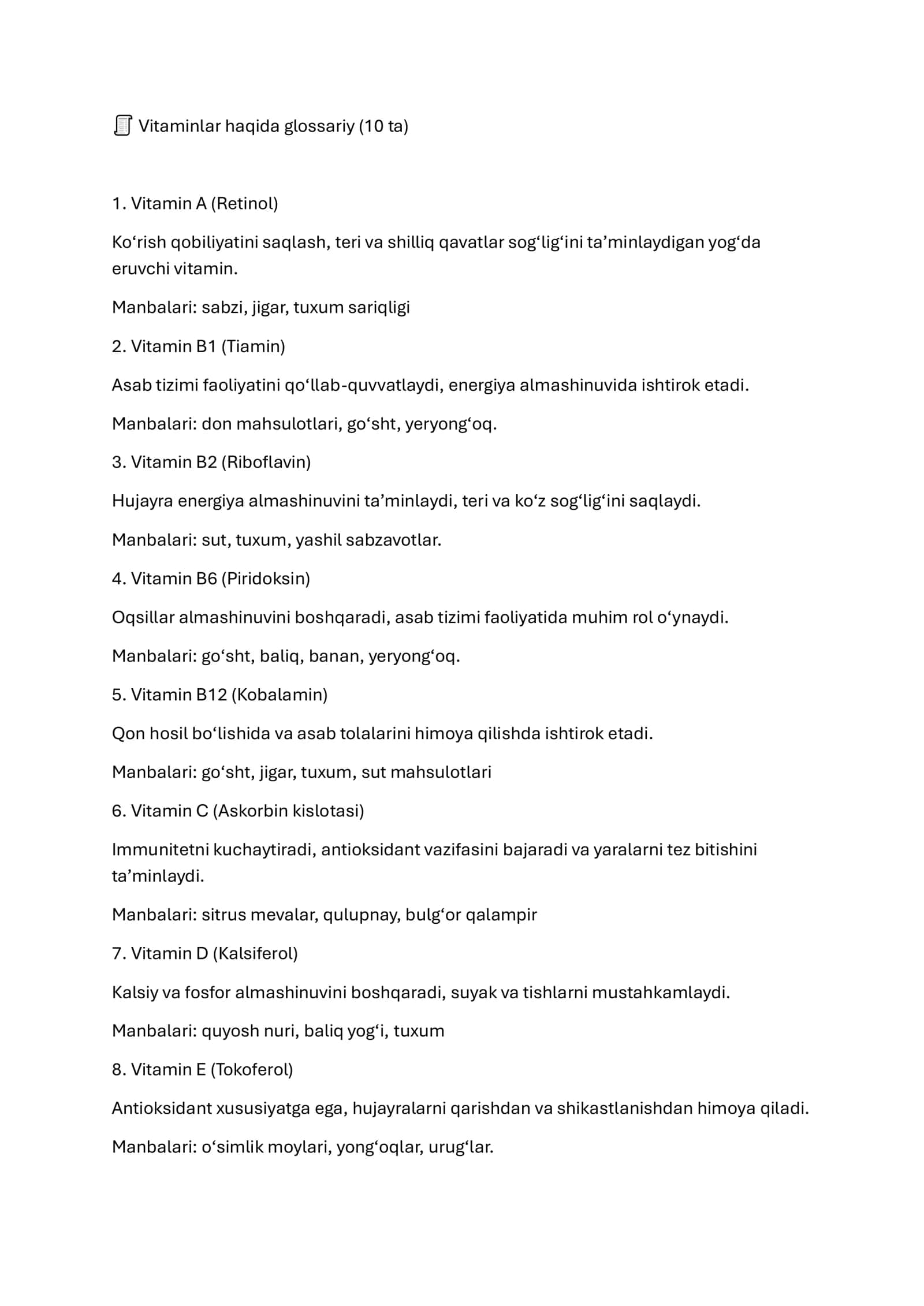 Vitaminlar haqida glossariy (10 ta) 1