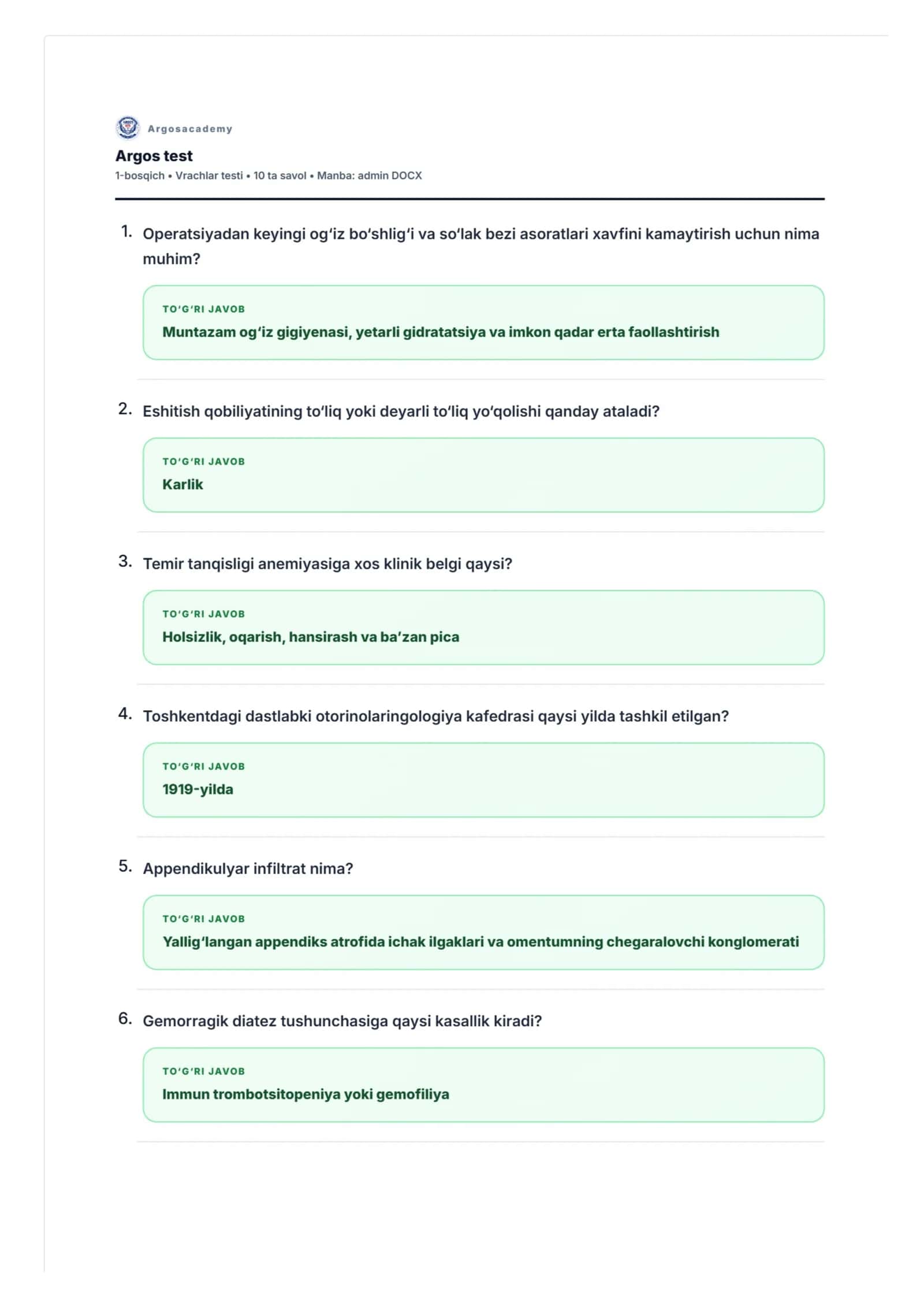 Argos test javoblar (Vrachlar testi) 1