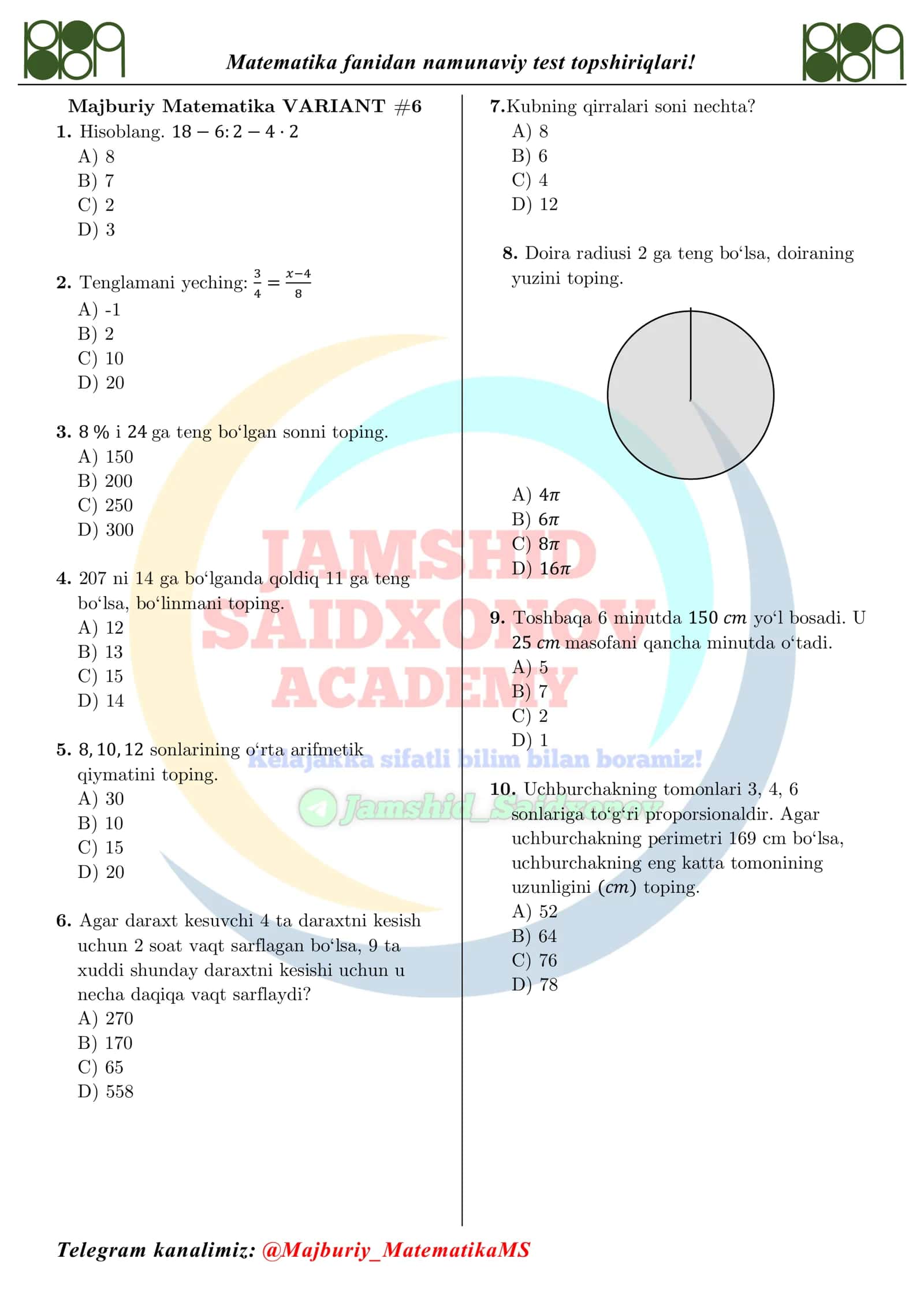 Majburiy Matematika VARIANT #6 1