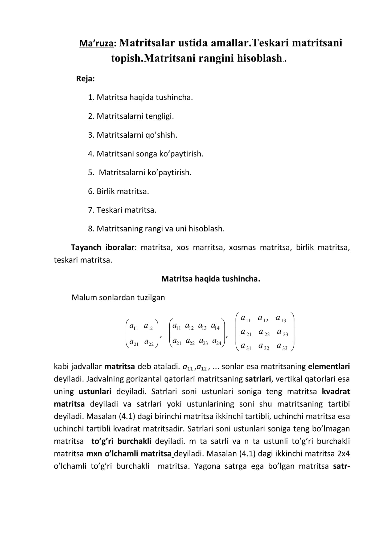 Matritsa ustida amallar 1